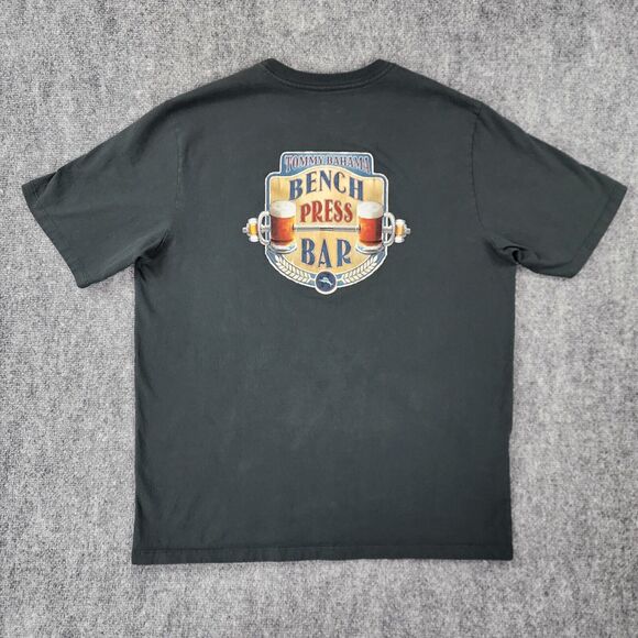 Tommy Bahama Shirt Mens Large Gray Bench Press Bar Short Sleeve Casual Tee - Picture 1 of 12